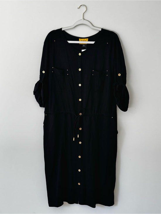 St. John Dresses & Skirts - St. John Spa Button Down Short Sleeve Midi Tie Shirt Dress, Black – Large Flaw*